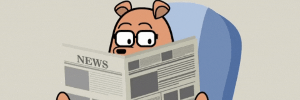 Desenho animado. Um urso marrom usando óculos de grau está sentado em uma poltrona azul. Ele lê jornal impresso, onde tem a palavra News-Notícia. Ele lê e fala - sem som. como se comentasse a notícia- artigo Bianca Piquet. Fonte Giphy.