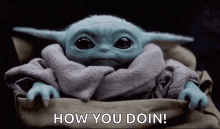 Gif animado do personagem Baby Yoda, Grogu, da série "Mandalorian", acenando