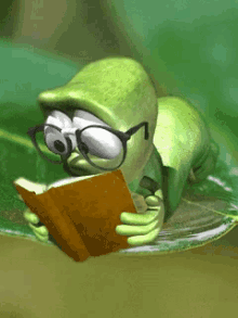 Gif animado - um inseto verde de desenho infantil usando óculos, lê um livro físico